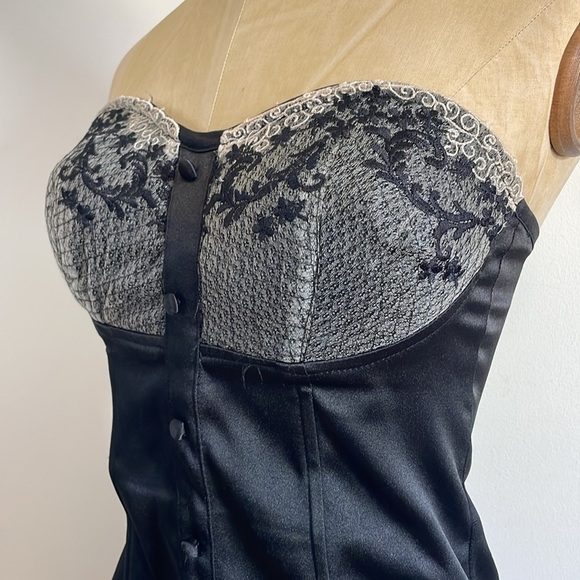 Y2K Lace Bustier Top Medium Black Button Satin Corset Boning CottonExpress - Picture 5 of 14